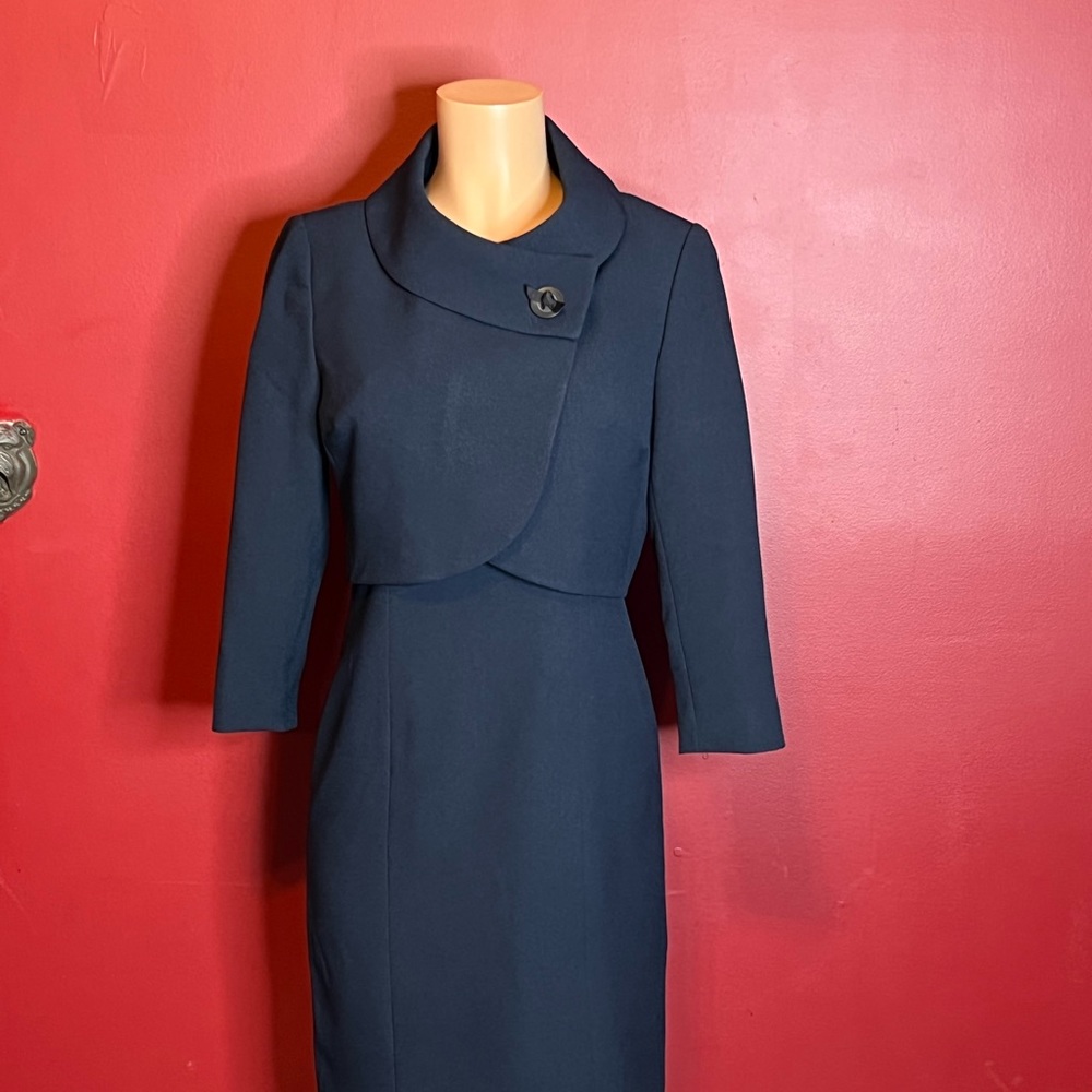 2 piece navy blue dress and jacket.